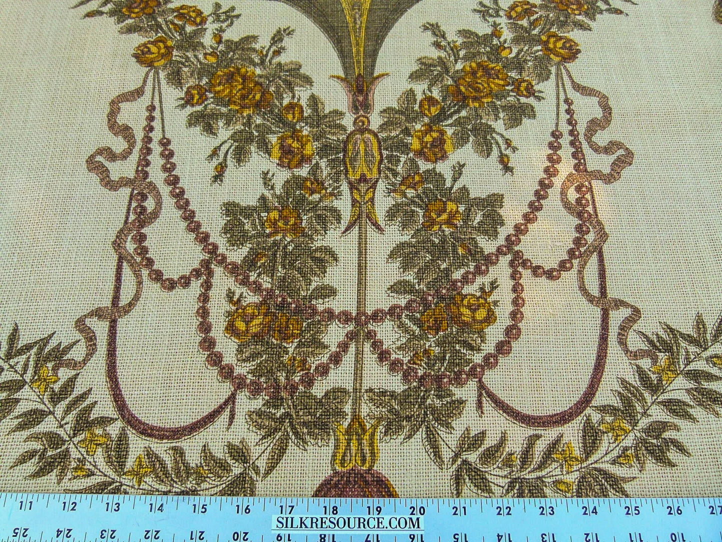 By VR Scalamandre Jute Fabric Brown Gold Historical Birds of Paradise Floral Block Print by Hand MSRP USD 300+/y