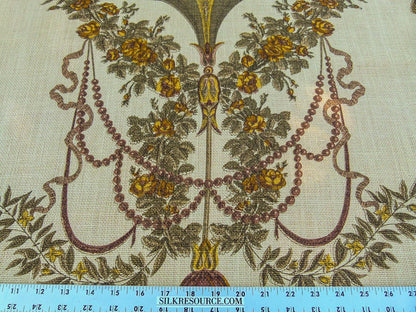 By VR Scalamandre Jute Fabric Brown Gold Historical Birds of Paradise Floral Block Print by Hand MSRP USD 300+/y