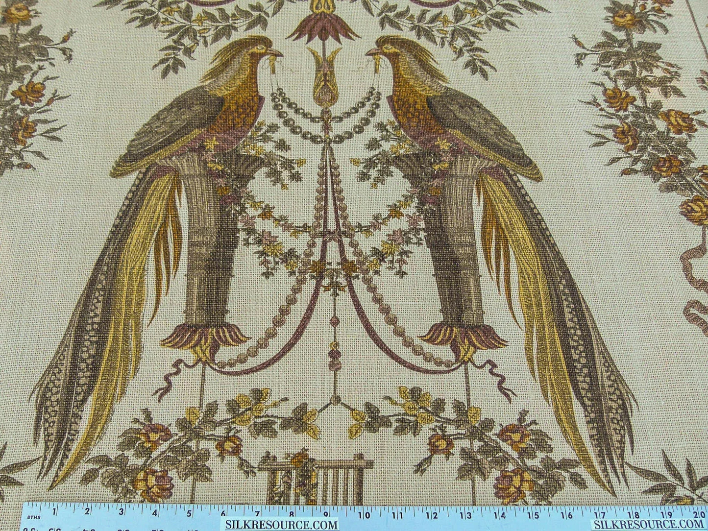By VR Scalamandre Jute Fabric Brown Gold Historical Birds of Paradise Floral Block Print by Hand MSRP USD 300+/y
