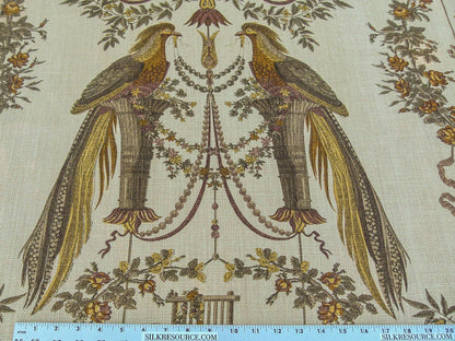 By VR Scalamandre Jute Fabric Brown Gold Historical Birds of Paradise Floral Block Print by Hand MSRP USD 300+/y