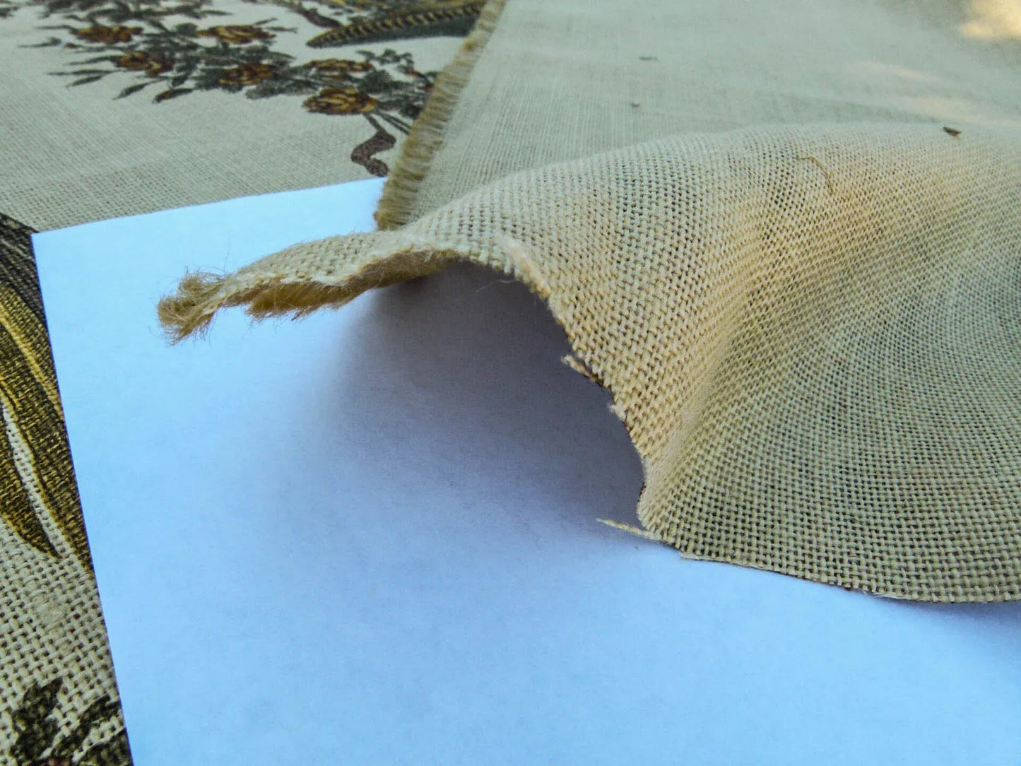 By VR Scalamandre Jute Fabric Brown Gold Historical Birds of Paradise Floral Block Print by Hand MSRP USD 300+/y