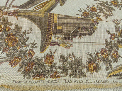 By VR Scalamandre Jute Fabric Brown Gold Historical Birds of Paradise Floral Block Print by Hand MSRP USD 300+/y