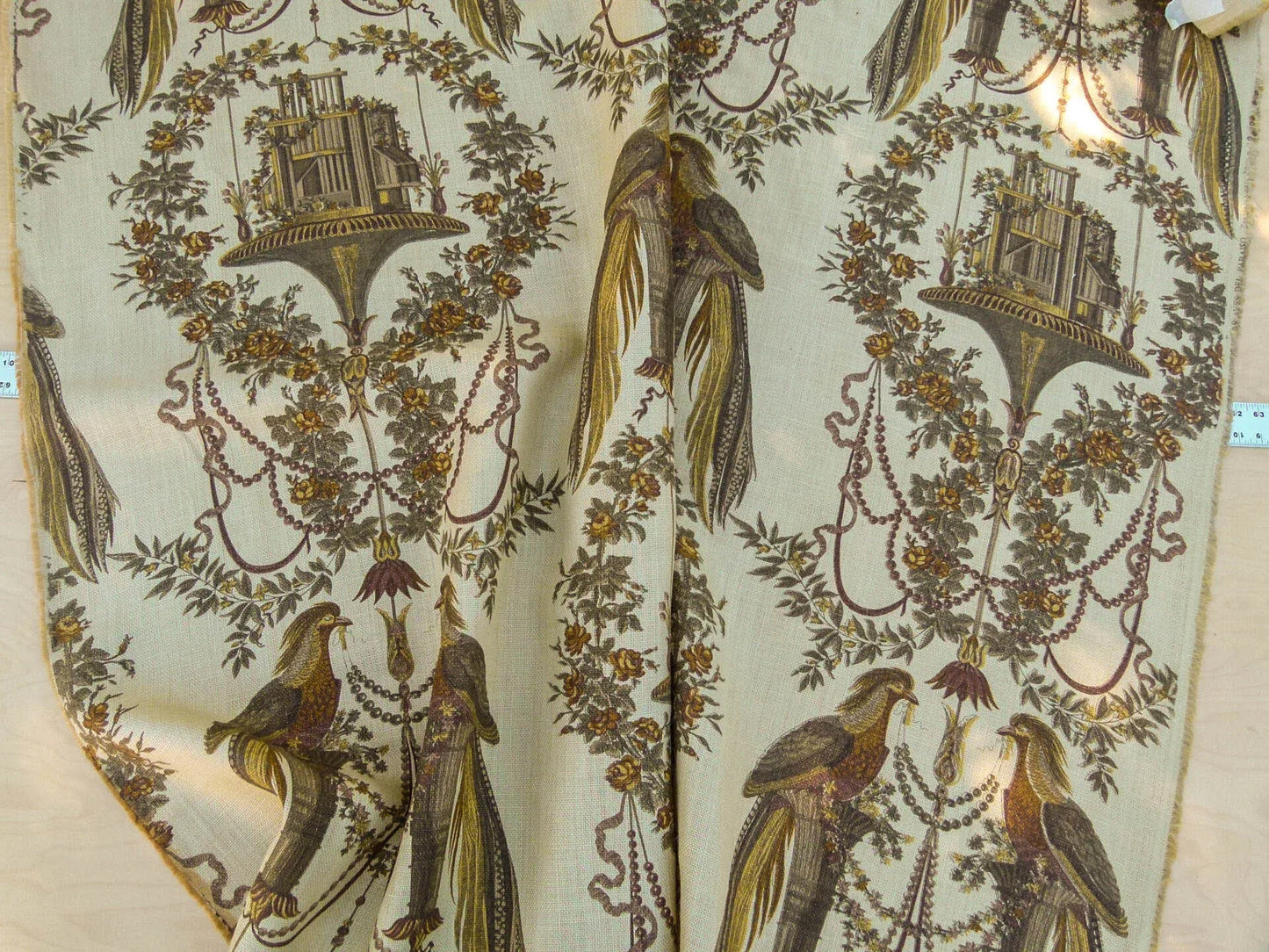 By VR Scalamandre Jute Fabric Brown Gold Historical Birds of Paradise Floral Block Print by Hand MSRP USD 300+/y