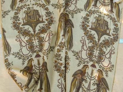 By VR Scalamandre Jute Fabric Brown Gold Historical Birds of Paradise Floral Block Print by Hand MSRP USD 300+/y
