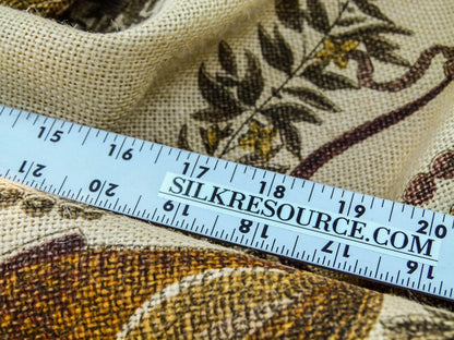 By VR Scalamandre Jute Fabric Brown Gold Historical Birds of Paradise Floral Block Print by Hand MSRP USD 300+/y