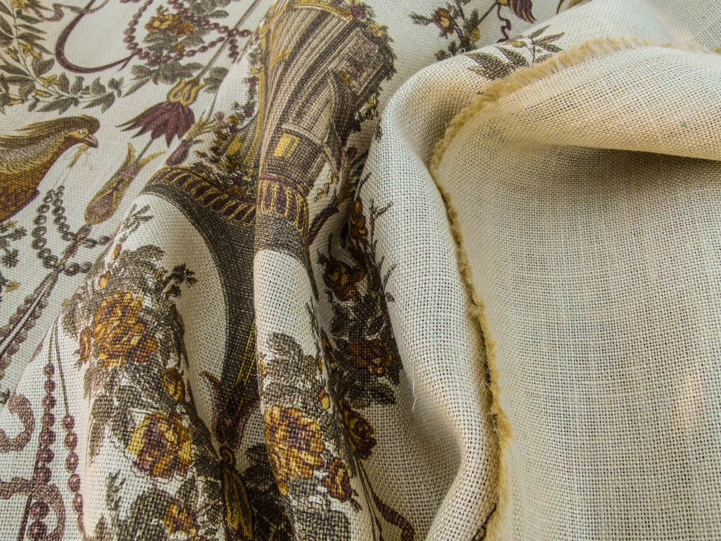 By VR Scalamandre Jute Fabric Brown Gold Historical Birds of Paradise Floral Block Print by Hand MSRP USD 300+/y