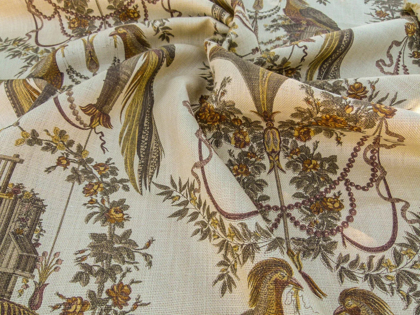 By VR Scalamandre Jute Fabric Brown Gold Historical Birds of Paradise Floral Block Print by Hand MSRP USD 300+/y