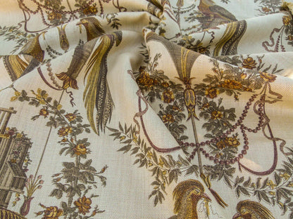 By VR Scalamandre Jute Fabric Brown Gold Historical Birds of Paradise Floral Block Print by Hand MSRP USD 300+/y