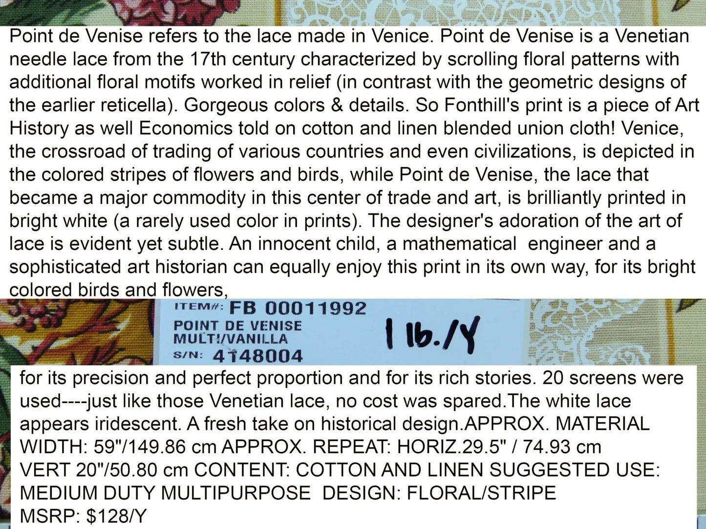 Scalamandre  Point de Venise Multi/Vanilla Stripe Botanical Beige White MSRP USD128/y