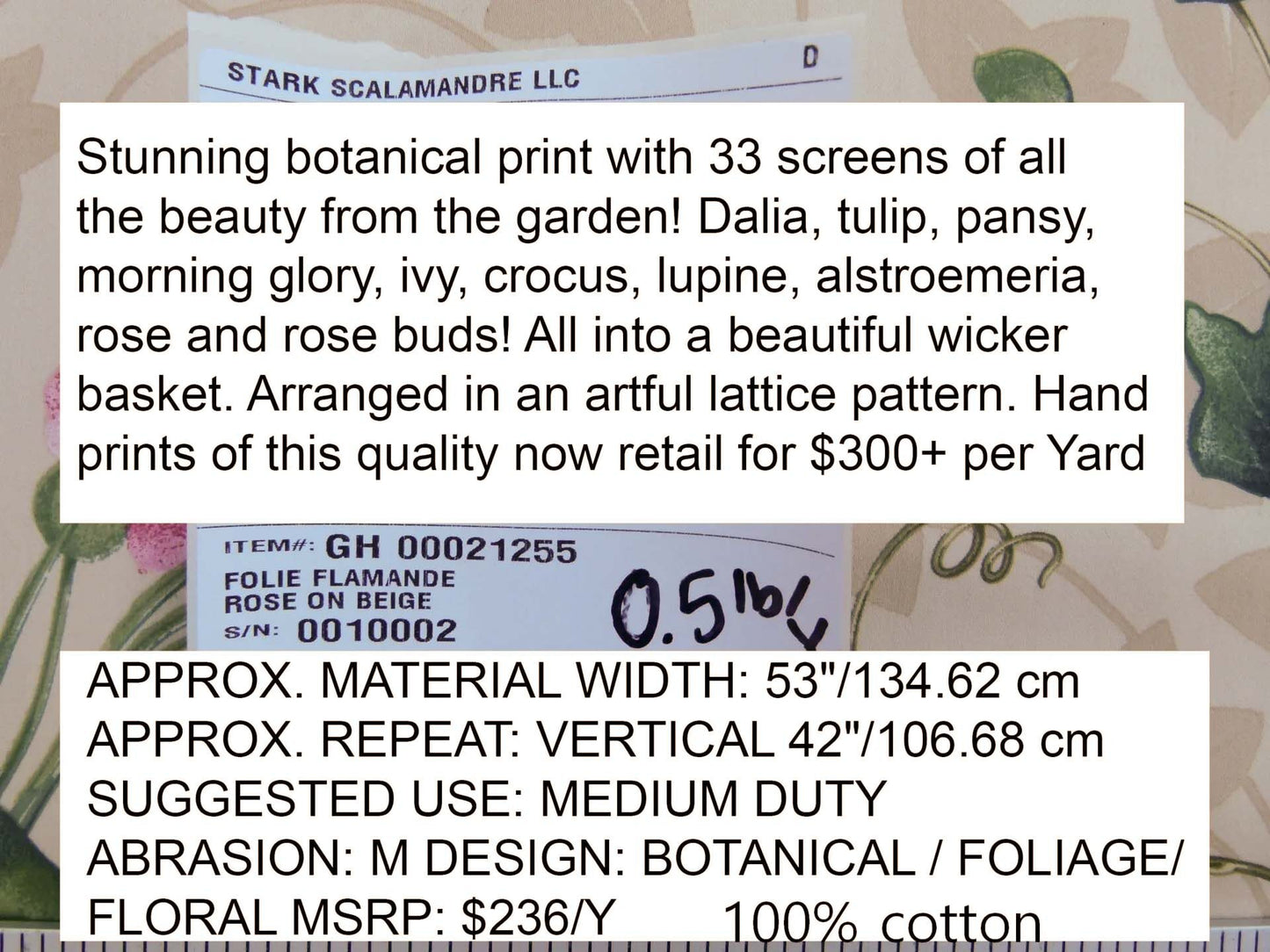 Scalamandre Folie Flamande Rose on Beige Botanic Illustration Rose Dalia Tulip Ivy Crocus Morning Glory 33-screen!  MSRP USD236/y