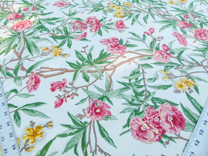 Scalamandre Cliveden Multi/Ivory Oleander flower Tree Branch Tropical Print on Cotton Linen  MSRP USD316/y