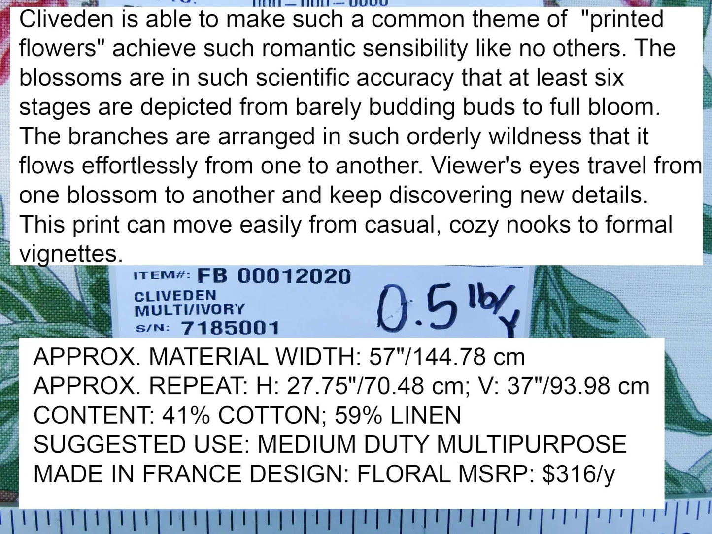 Scalamandre Cliveden Multi/Ivory Oleander flower Tree Branch Tropical Print on Cotton Linen  MSRP USD316/y