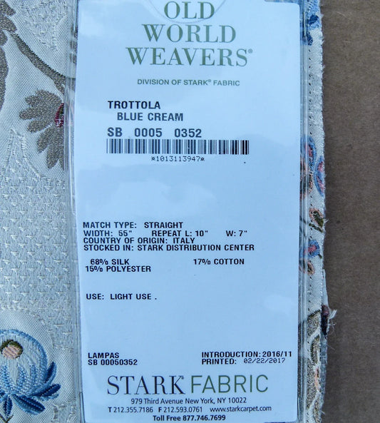 1 EV32 Square 25 x 27 inches Scalamandre Old World Weavers Trottola Blue Cream Silk Lampas Floral MSRP USD1700/y