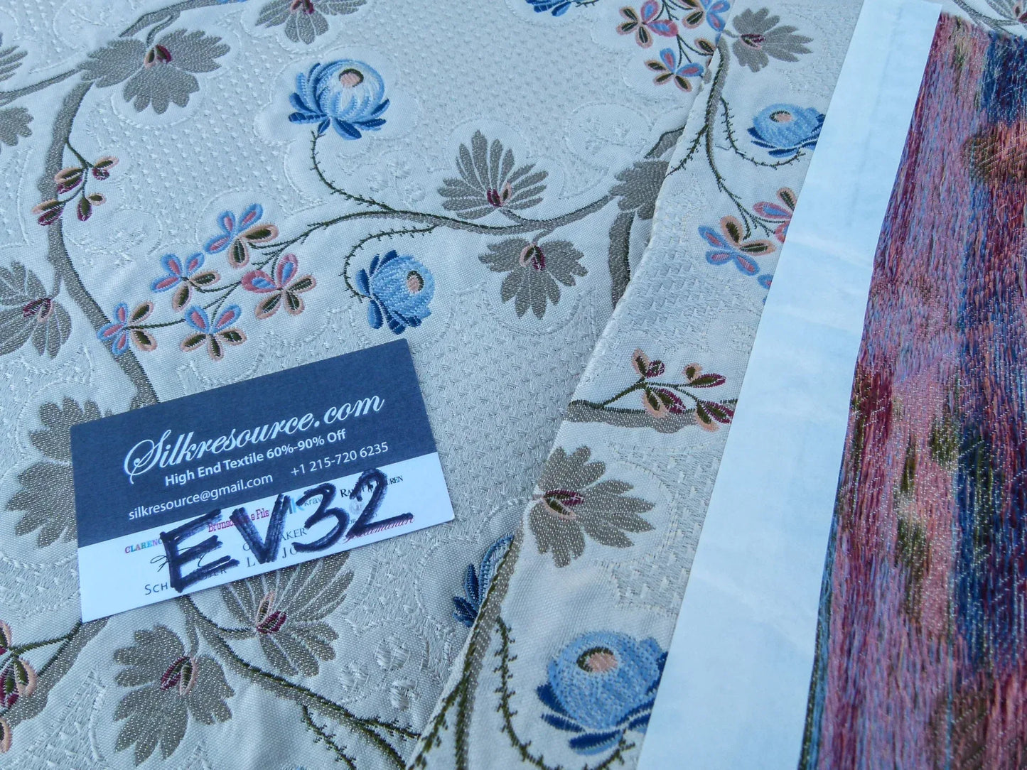 1 EV32 Square 25 x 27 inches Scalamandre Old World Weavers Trottola Blue Cream Silk Lampas Floral MSRP USD1700/y