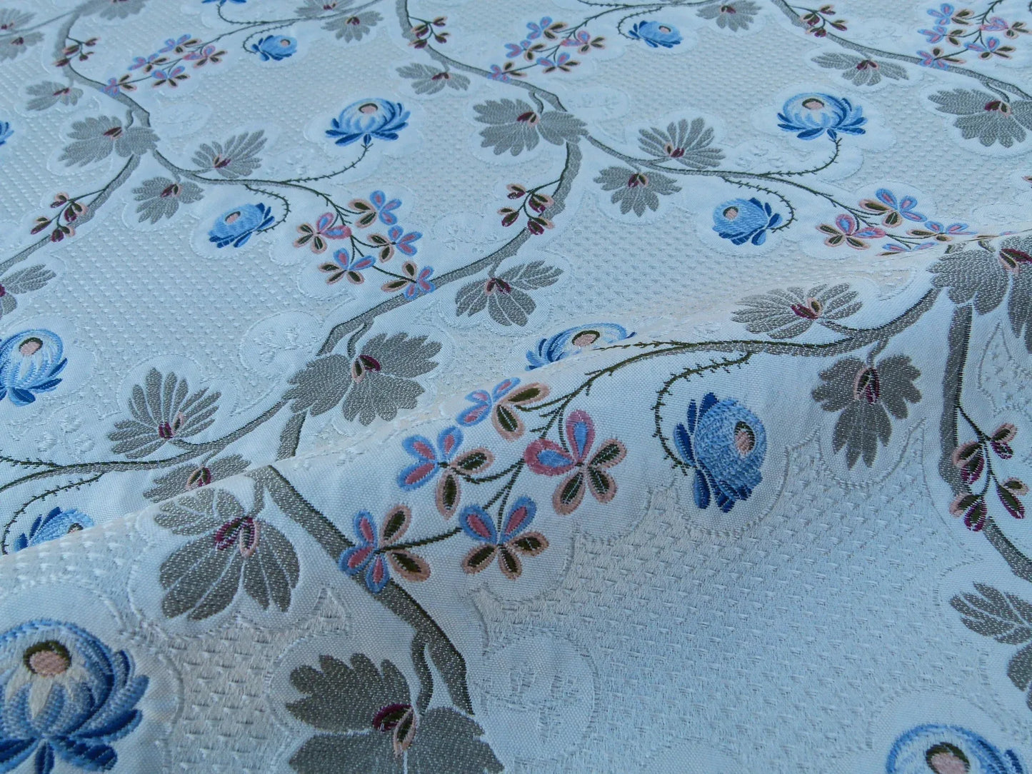 1 EV32 Square 25 x 27 inches Scalamandre Old World Weavers Trottola Blue Cream Silk Lampas Floral MSRP USD1700/y