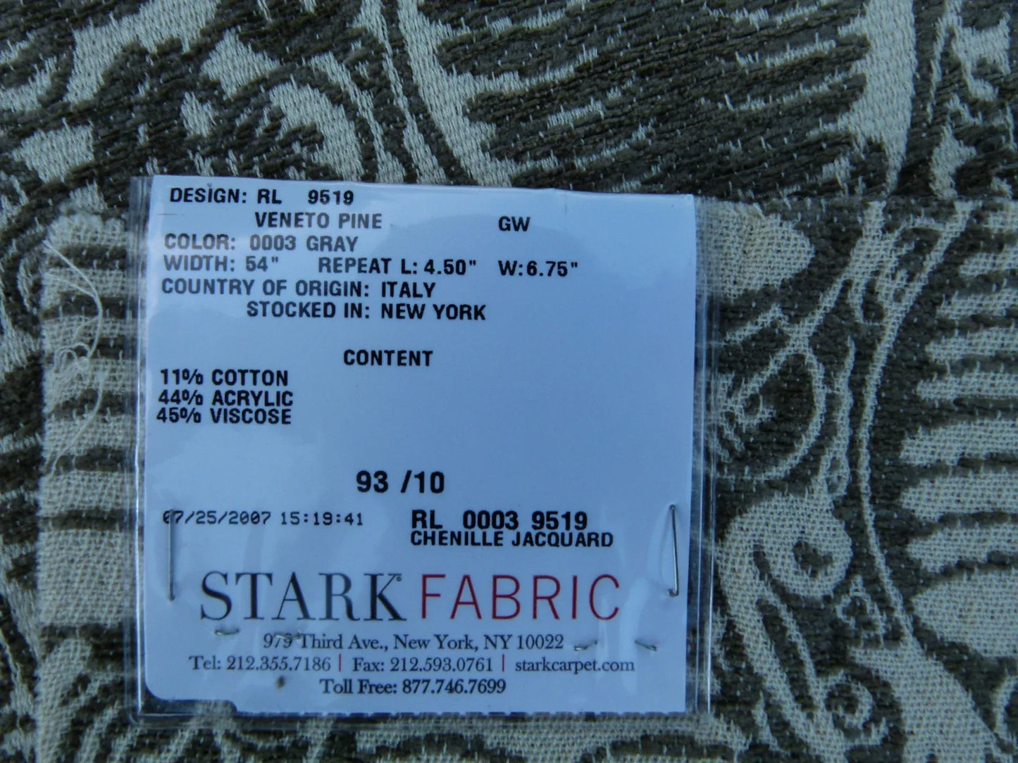 6 EV32 Square 26 x 26 inches Scalamandre Grey Watkins Veneto Pine Gray Jacquard Botanical Foliage Chenille Jacquard  MSRP USD590+/y