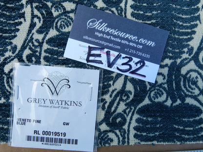 8 EV32 Square 26 x 26 inches Scalamandre Grey Watkins Veneto Pine Blue Jacquard Botanical Foliage Chenille Jacquard  MSRP USD590+/y