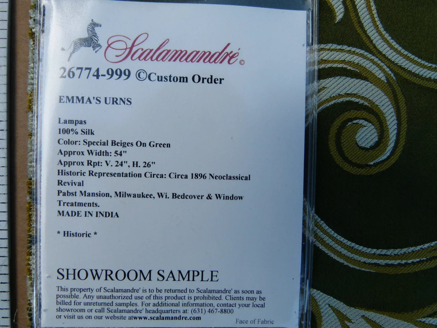 9 EV32 Square 26 x 26 inches Scalamandre Emma's Urns Silk Lampas Green Historic