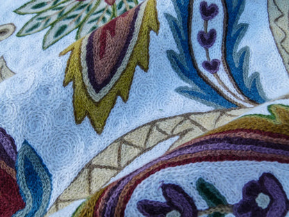 18 EV32 Square Scalamandre Old World Weavers Mitra Teal/Plum/Brick on White Crewel MSRP USD 500+/y