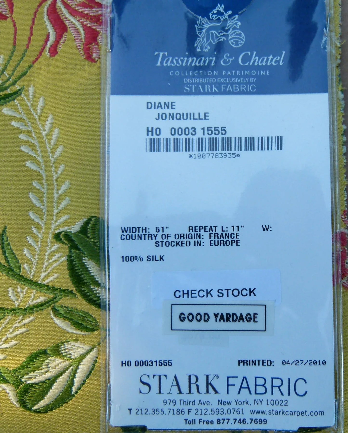 23 EV32 Square 25 x 25 inches Scalamandre Tassinari &amp; Chatel Diane Jonquille Silk Yellow Floral MSRP USD 1000/yard