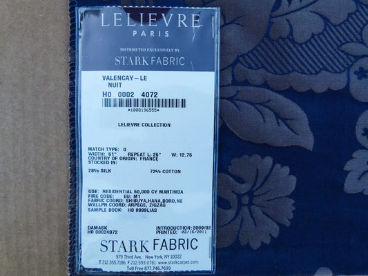 24 EV32 Square 24 x 25 inches Scalamandre Lelievre Paris Valencay - Le Nuit Silk Damask Blue Floral