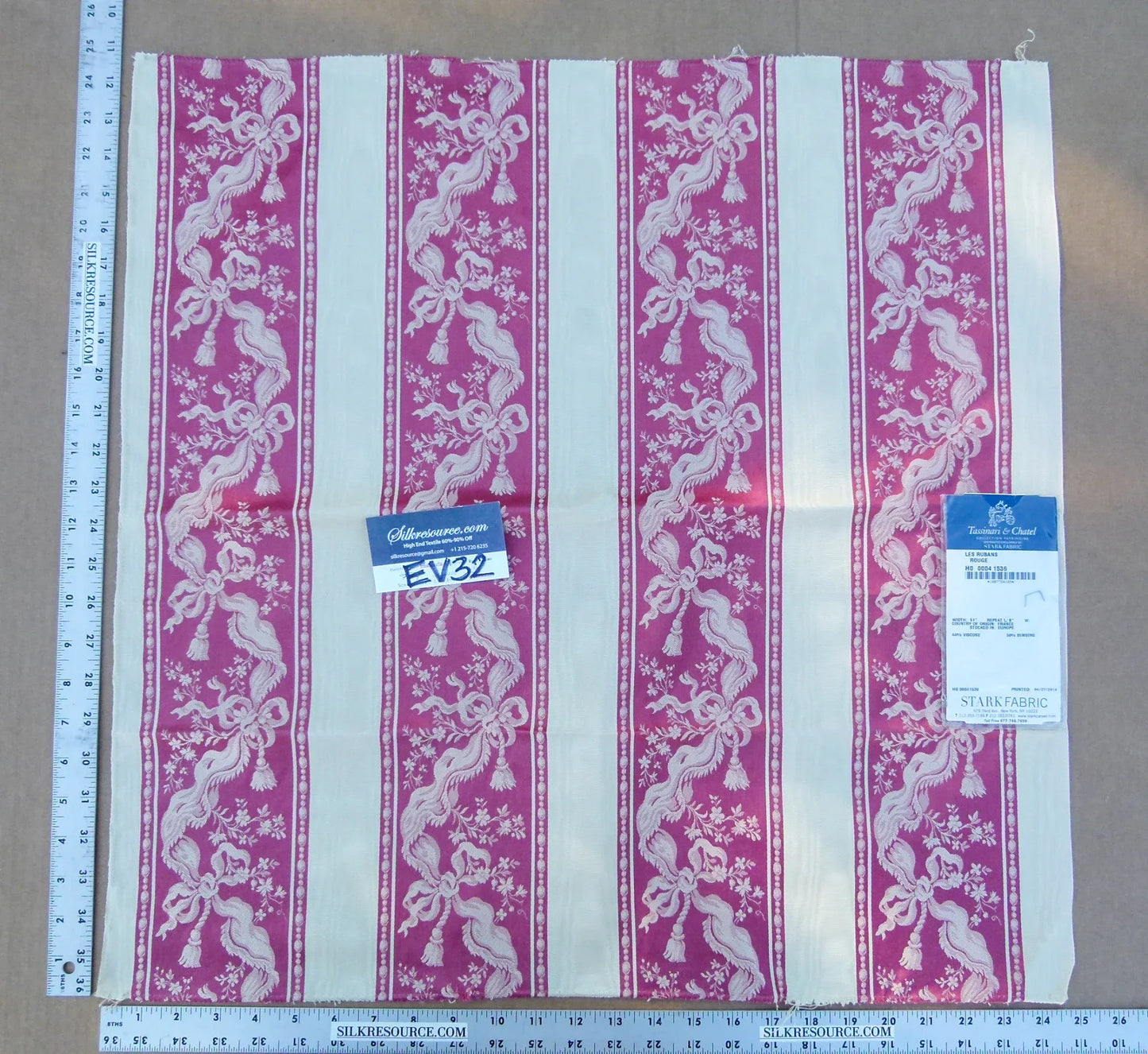 28 EV32 Square 25 x 24 inches Scalamandre Tassinari &amp; Chatel Les Rubans Rouge Stripe Pink White