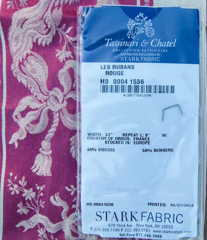 28 EV32 Square 25 x 24 inches Scalamandre Tassinari &amp; Chatel Les Rubans Rouge Stripe Pink White