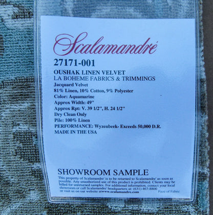 43 EV32 Square 26 x 27 inches Scalamandre Oushak Linen Velvet Aquamarine Jacquard Velvet Blue MSRP USD 638/y