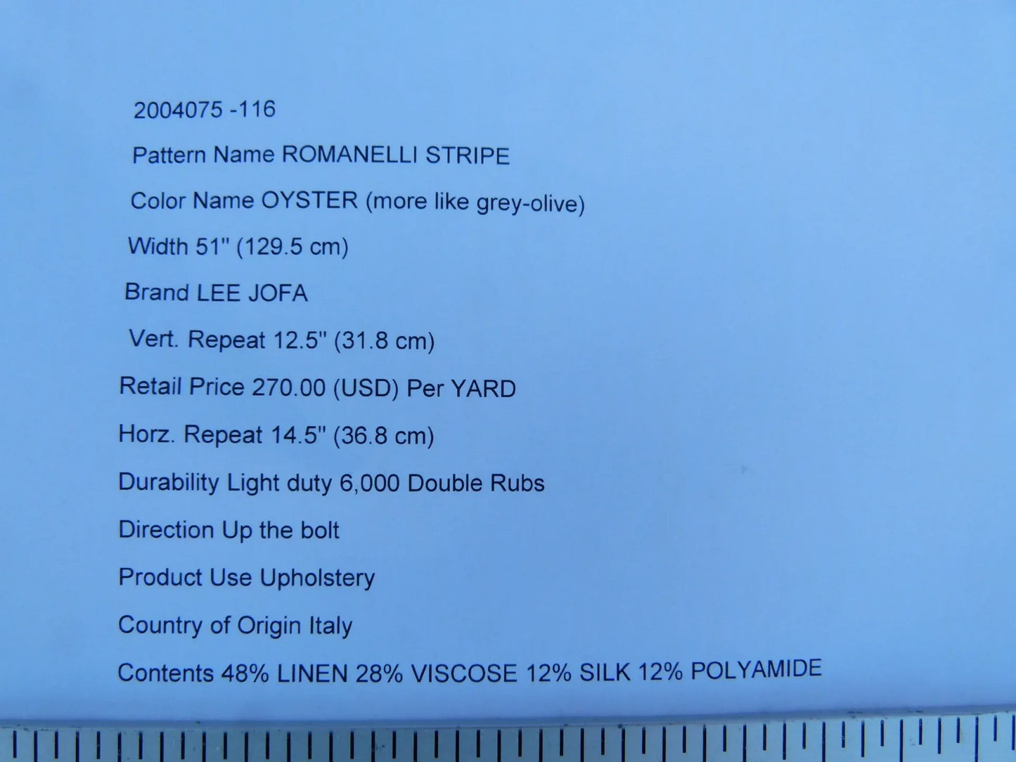 By Yd Lee Jofa Romanelli Stripe Oyster Grey Olive Green Gold Italy Linen MSRP USD270/Y