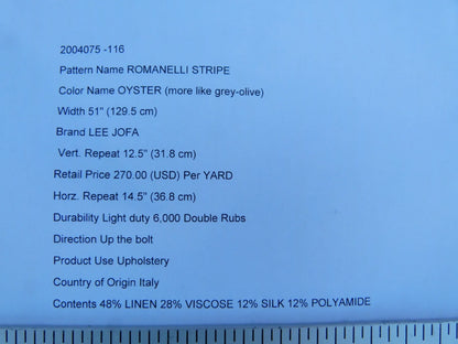 By Yd Lee Jofa Romanelli Stripe Oyster Grey Olive Green Gold Italy Linen MSRP USD270/Y