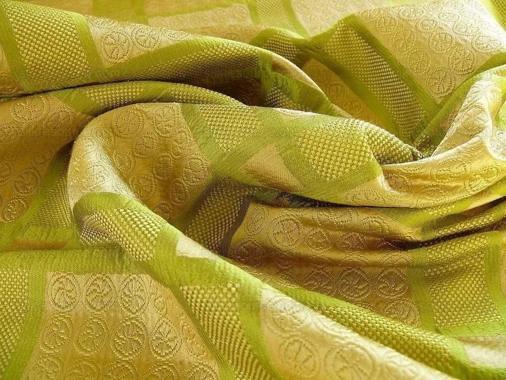 Amazing Italian Silk Cotton Figured Woven Green Gold