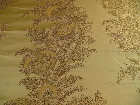 by yard 100% Silk Lampas Magnolia "sapling" Tan Green