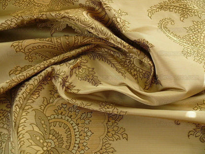 by yard 100% Silk Lampas Magnolia "sapling" Tan Green