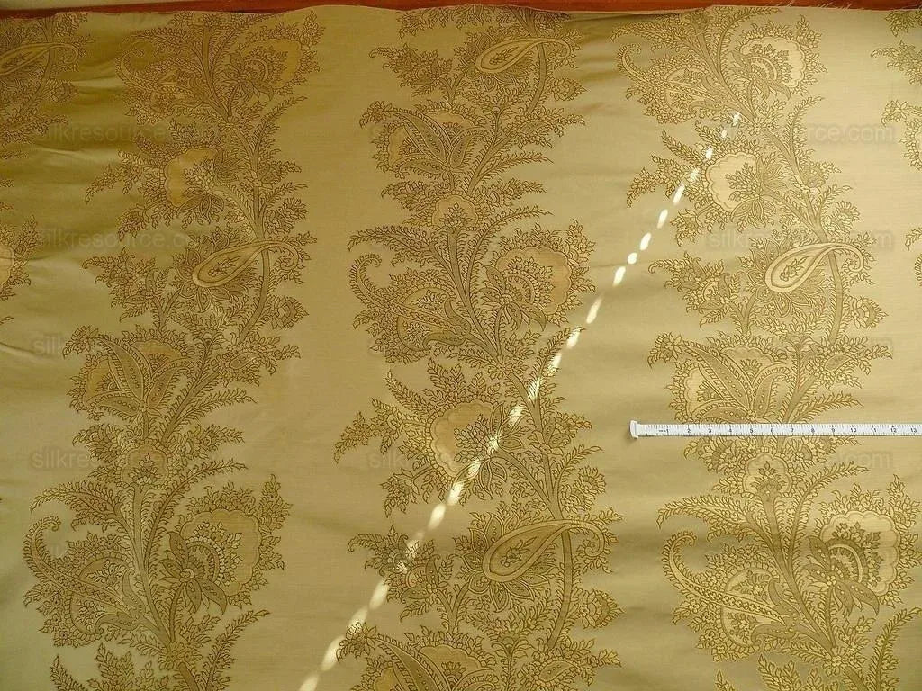 by yard 100% Silk Lampas Magnolia "sapling" Tan Green