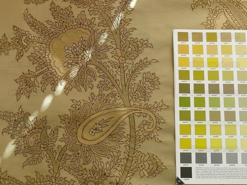 by yard 100% Silk Lampas Magnolia "sapling" Tan Green