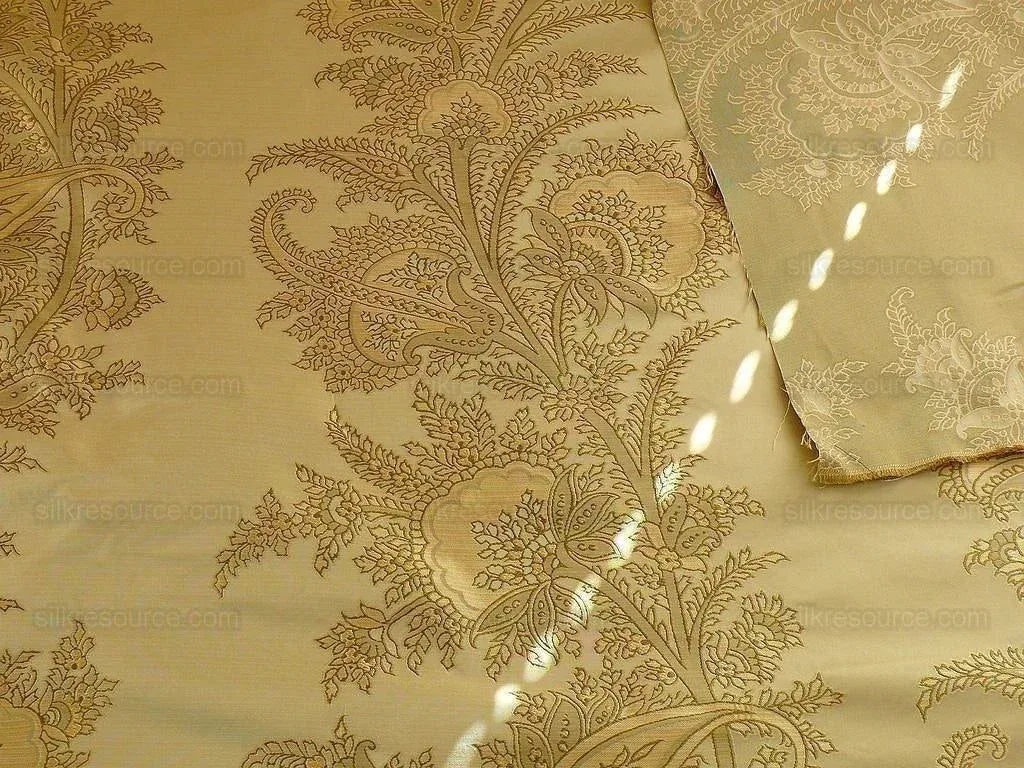 by yard 100% Silk Lampas Magnolia "sapling" Tan Green