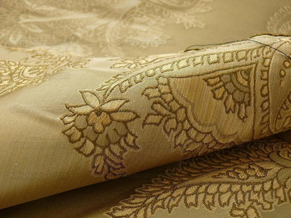 by yard 100% Silk Lampas Magnolia "sapling" Tan Green