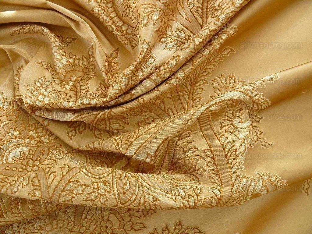 100% Silk Lampas Magnolia "amber" Tan Gold