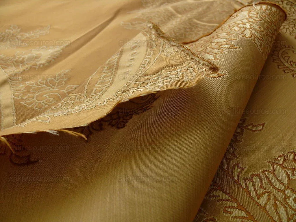 100% Silk Lampas Magnolia "amber" Tan Gold