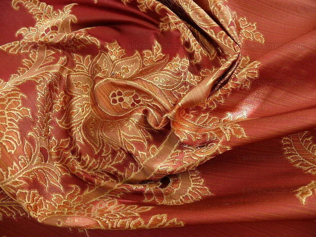 100% Silk Lampas Magnolia "russet"  Red Gold