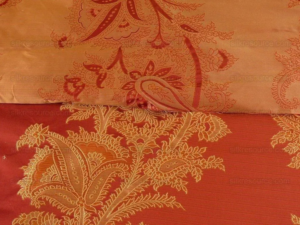 100% Silk Lampas Magnolia "russet"  Red Gold
