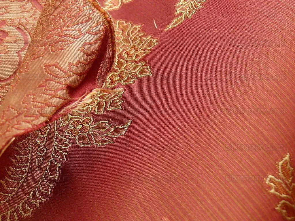 100% Silk Lampas Magnolia "russet"  Red Gold