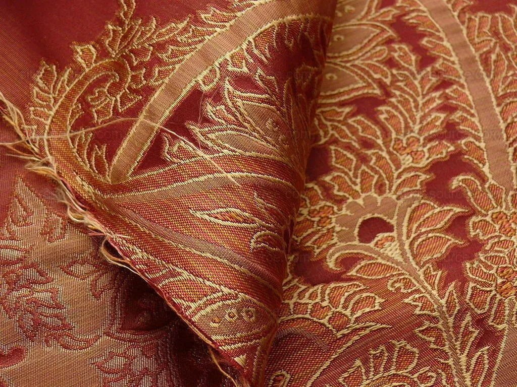 100% Silk Lampas Magnolia "russet"  Red Gold