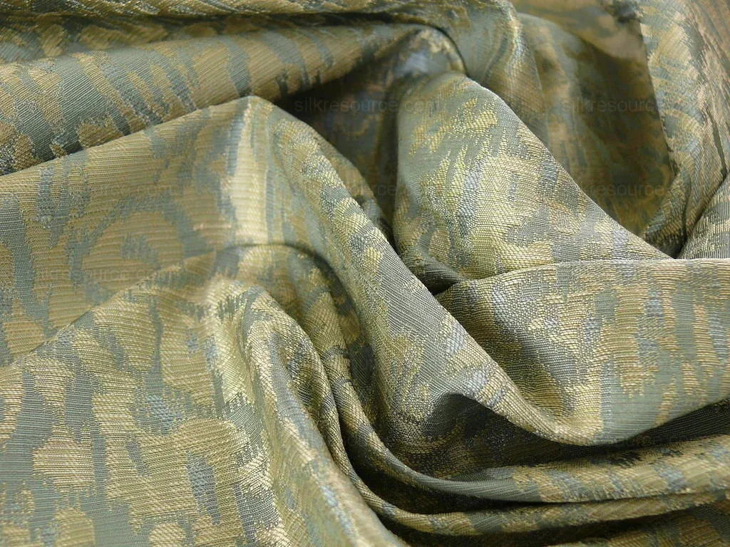 100% Silk Lampas Ikat Medallion "ocean" Blue Khaki Brown Reversible Mid-Century