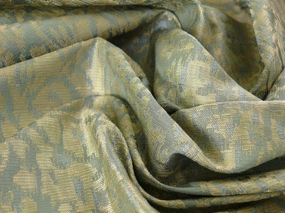100% Silk Lampas Ikat Medallion "ocean" Blue Khaki Brown Reversible Mid-Century