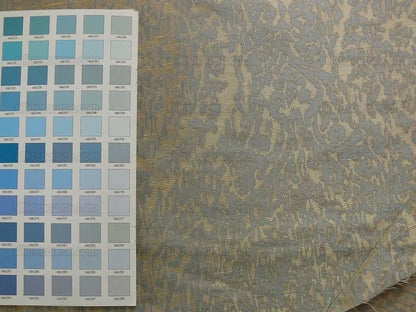 100% Silk Lampas Ikat Medallion "april" Tan Beige Blue Reversible Mid-Century