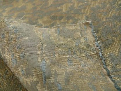 100% Silk Lampas Ikat Medallion "april" Tan Beige Blue Reversible Mid-Century