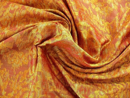 100% Silk Lampas Ikat Medallion "burnished" Red Pink, Orange Gold Reversible Mid-Century