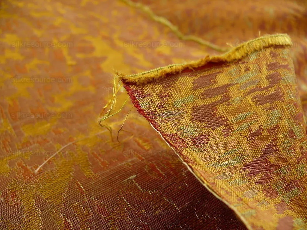 100% Silk Lampas Ikat Medallion "burnished" Red Pink, Orange Gold Reversible Mid-Century