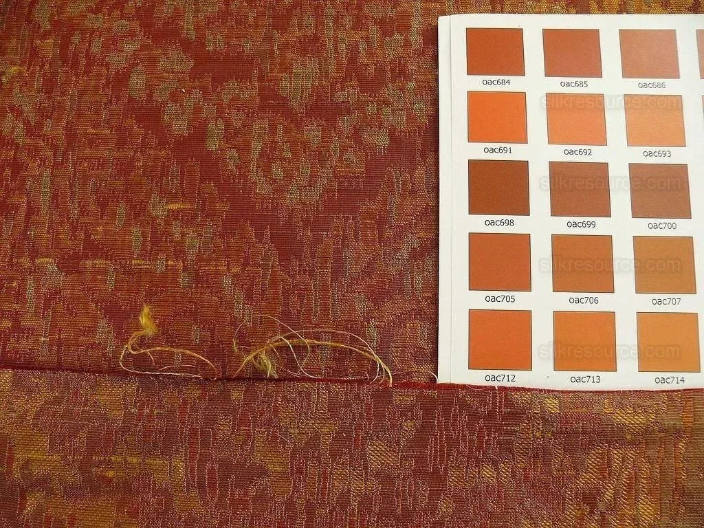 100% Silk Lampas Ikat Medallion "burnished" Red Pink, Orange Gold Reversible Mid-Century